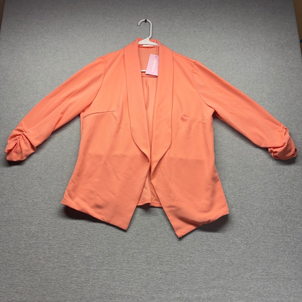 Sunfaynis Womens XL Coral Peach Ruched 3/4 Sleeve Open Front Textured Blazer NEW